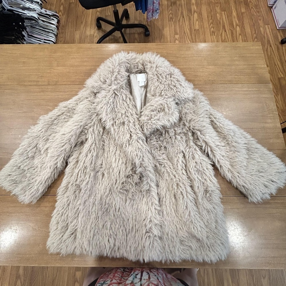 H&M Faux Fur Coat Womens Small Beige Shaggy Mid Length Overcoat Lined Winter